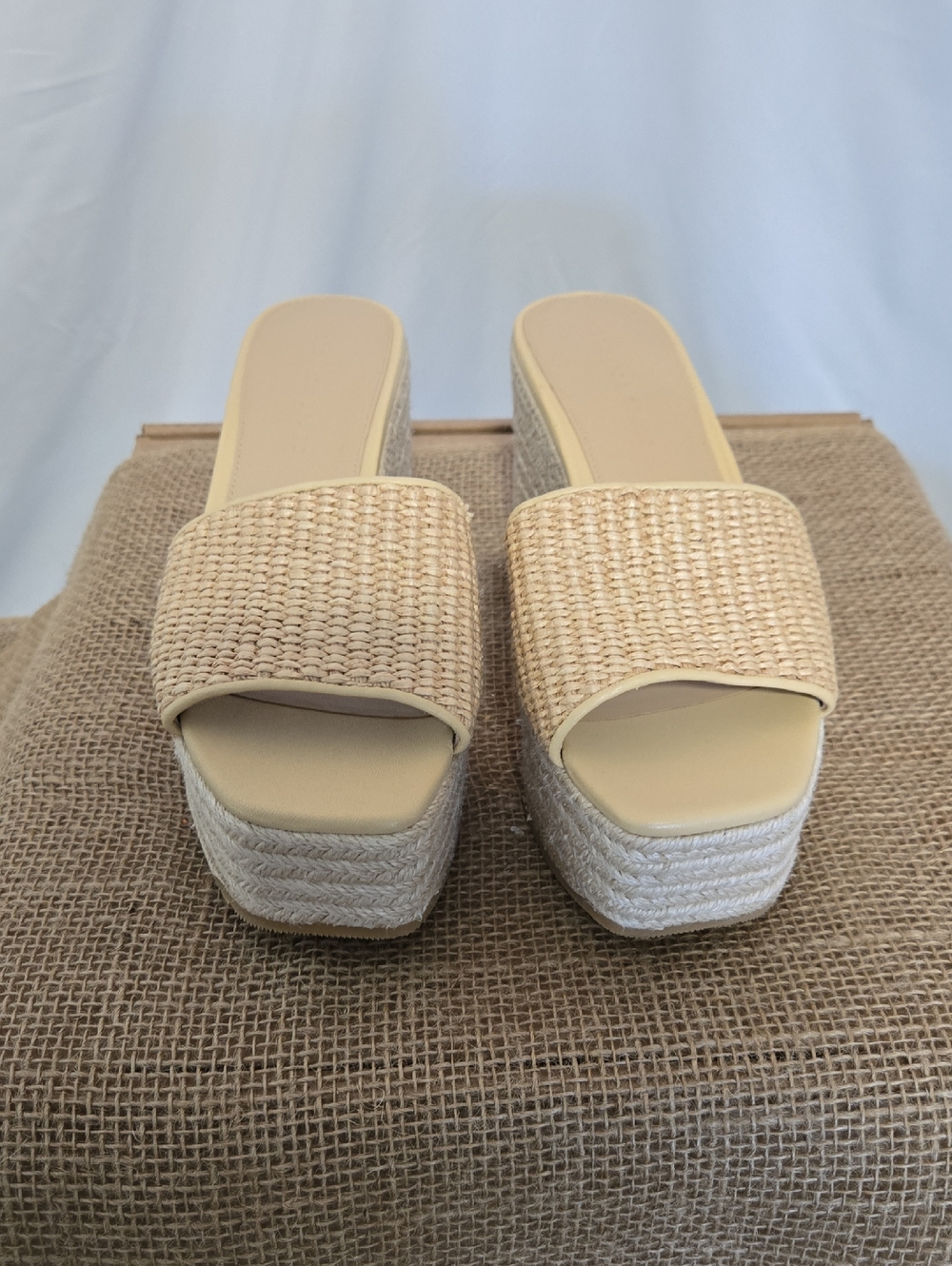 Veronica Beard Beige Woven Platform Slide Sandals